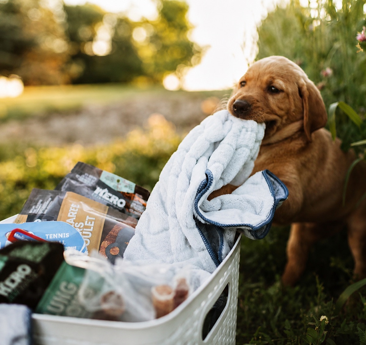 A Rockway puppy carrying its blanket beside a take-home basket